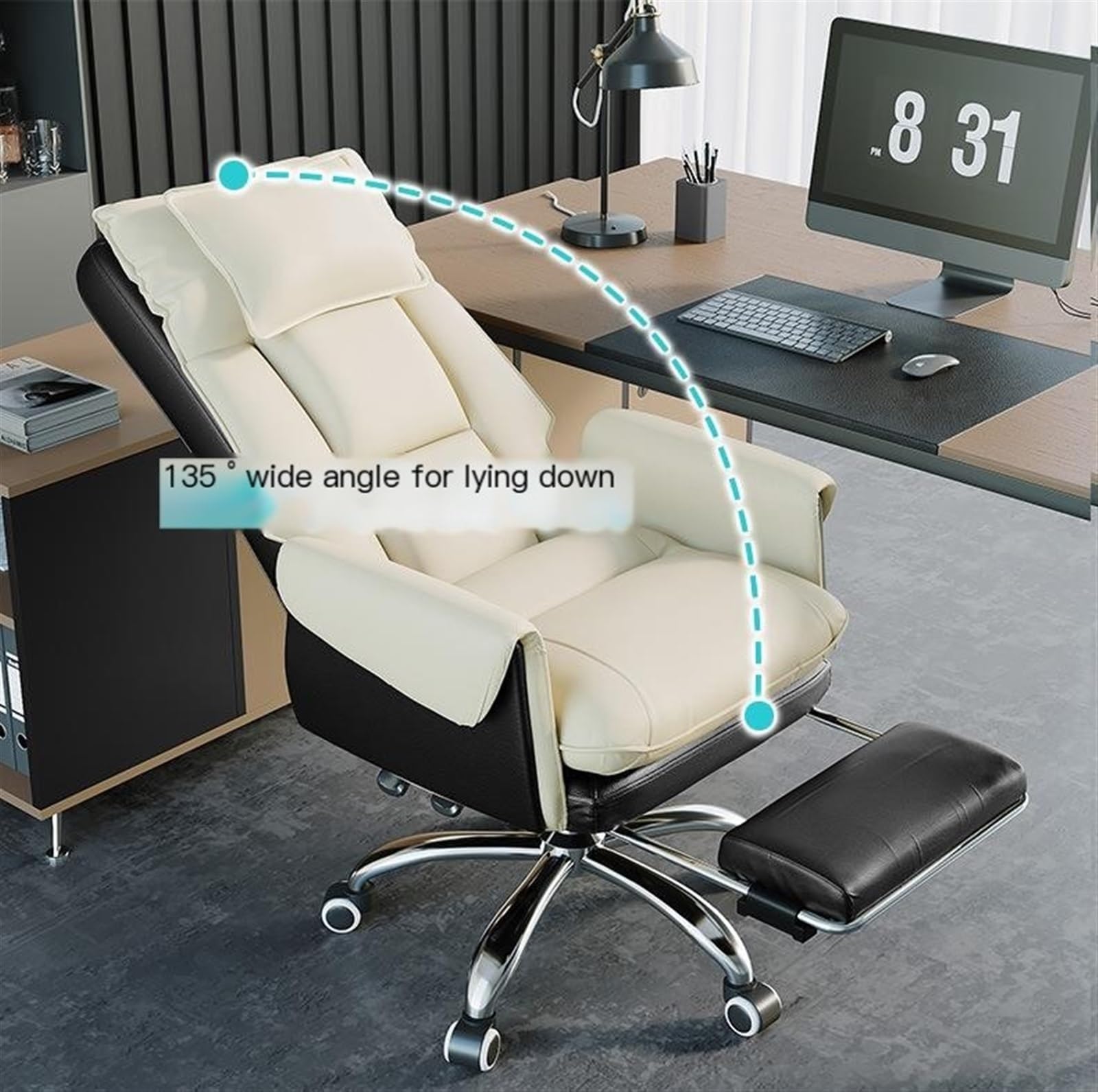 Home Office Desk Chairs, Swivel Chair Leather Home Reclining Office Chair, Comfortable Ergonomic Gaming Chair, Lift Swivel Chair (Color : White Orange, Size : Foot Pedal)