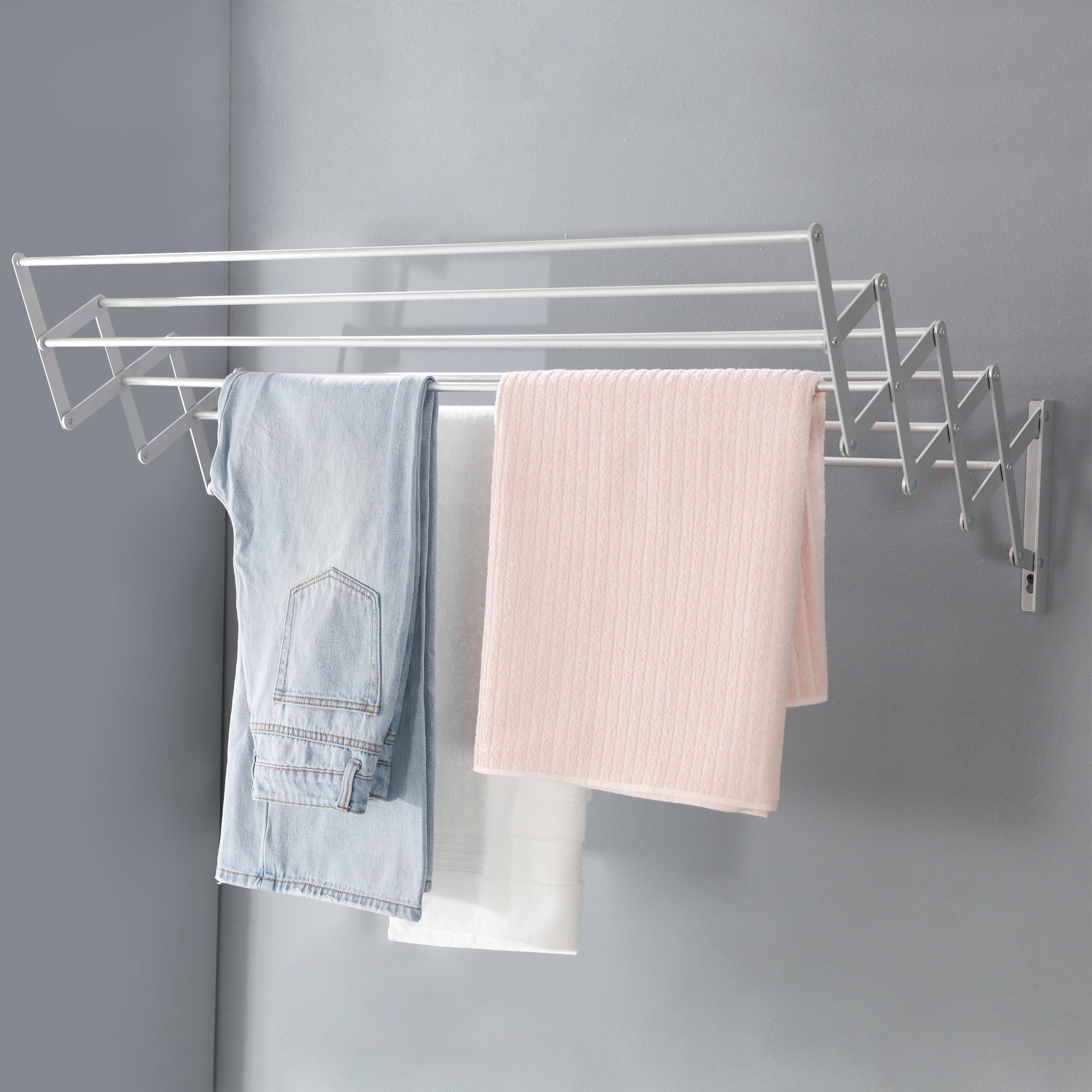 SOH DESIGN Wall Mount Clothes Drying Rack, Aluminum 8 Rods Expandable Wall Drying Rack for Laundry, Bathroom, Balcony, Indoor-Outdoor Use, 24 in wide