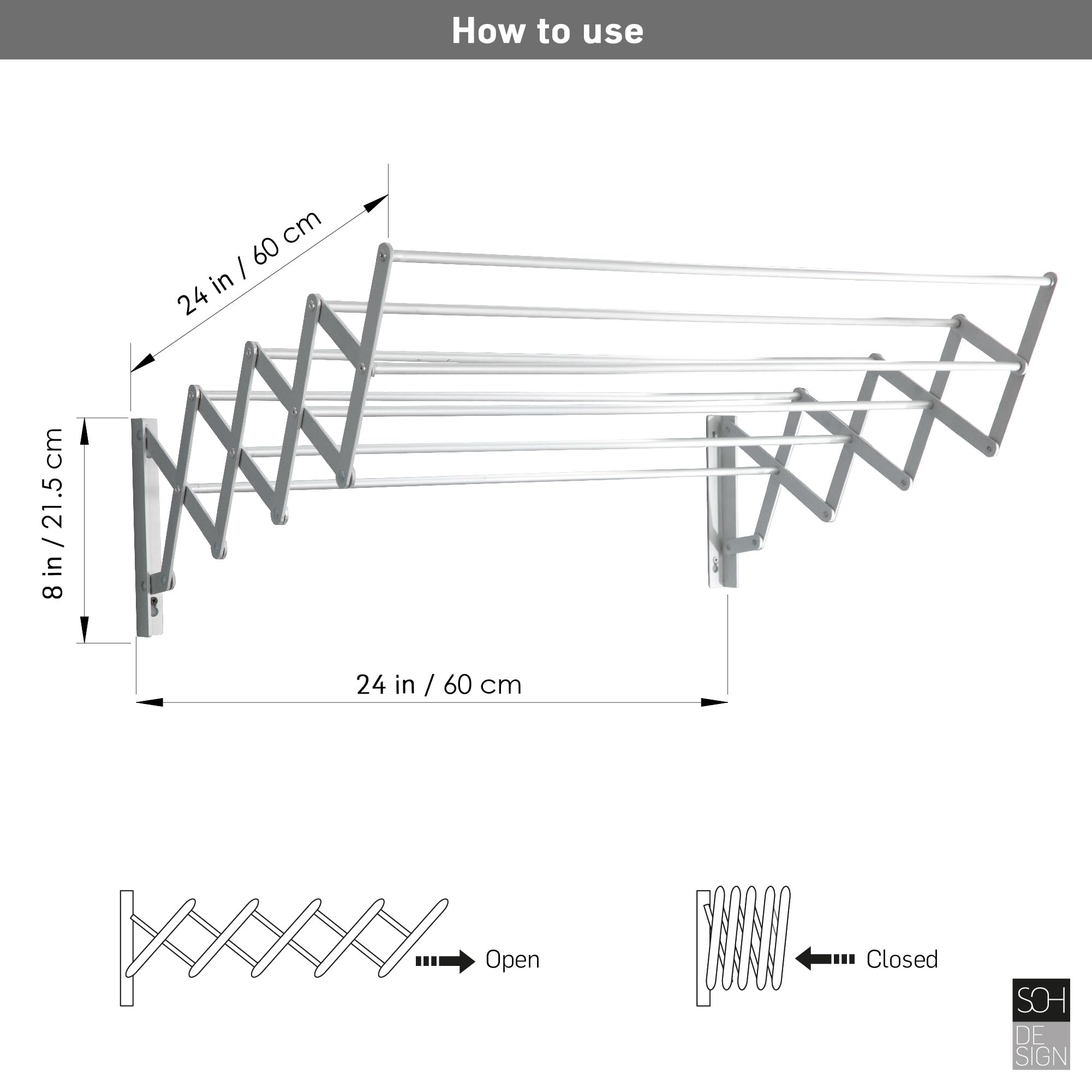 SOH DESIGN Wall Mount Clothes Drying Rack, Aluminum 8 Rods Expandable Wall Drying Rack for Laundry, Bathroom, Balcony, Indoor-Outdoor Use, 24 in wide