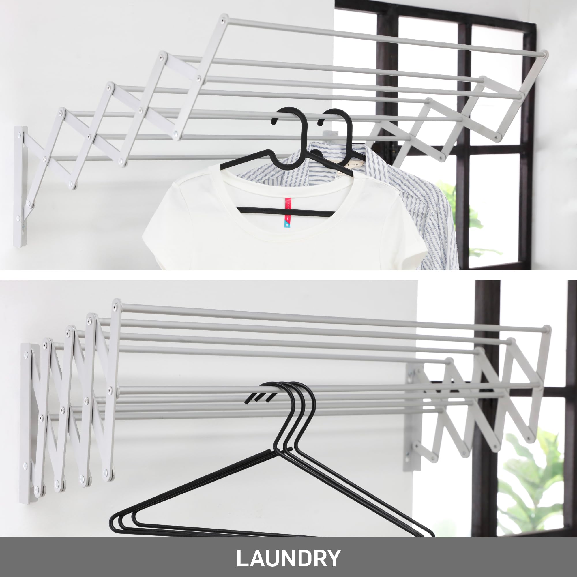 SOH DESIGN Wall Mount Clothes Drying Rack, Aluminum 8 Rods Expandable Wall Drying Rack for Laundry, Bathroom, Balcony, Indoor-Outdoor Use, 24 in wide