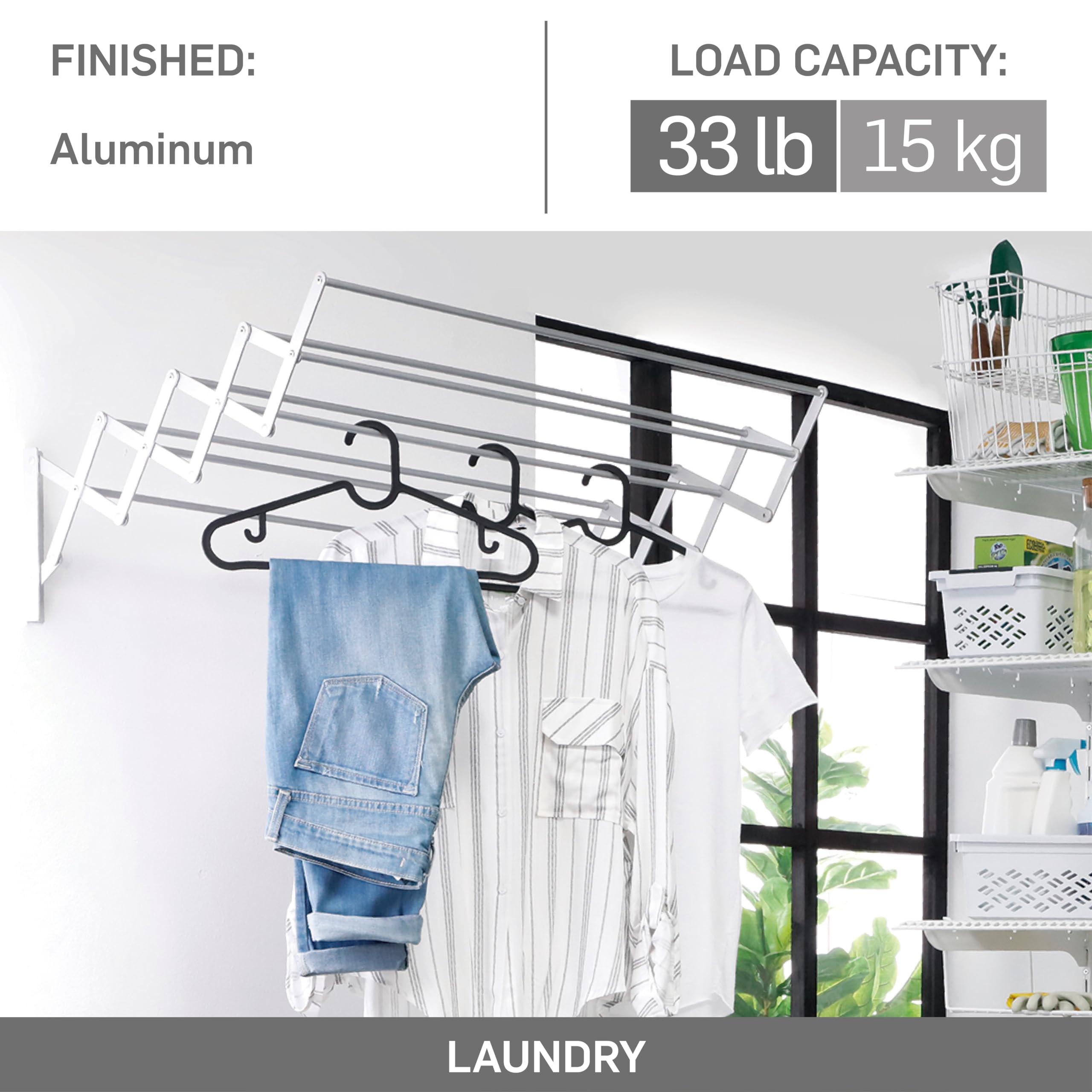 SOH DESIGN Wall Mount Clothes Drying Rack, Aluminum 8 Rods Expandable Wall Drying Rack for Laundry, Bathroom, Balcony, Indoor-Outdoor Use, 24 in wide