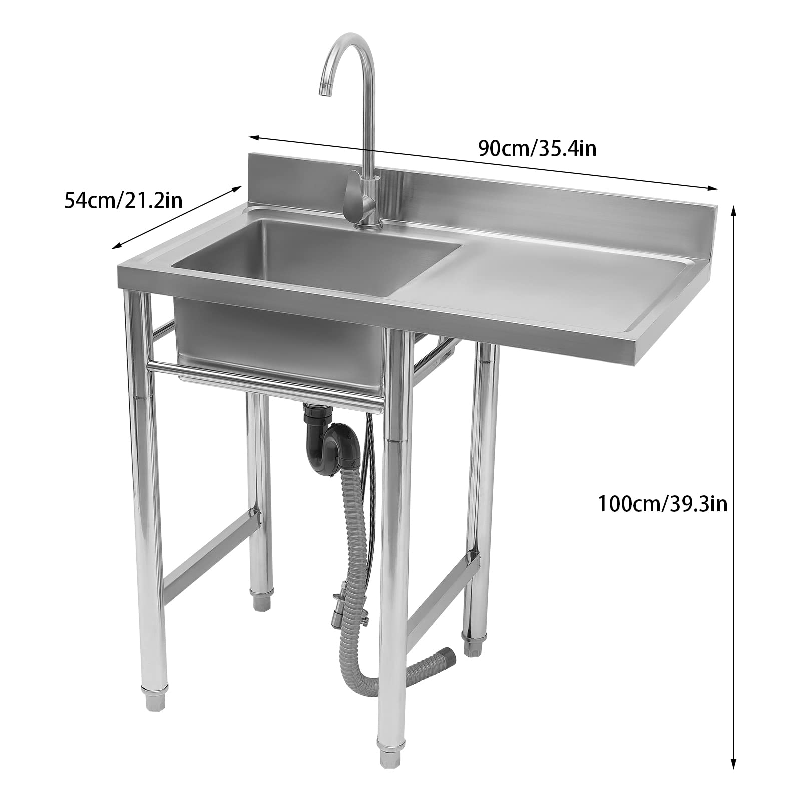 Free Standing Single Bowl Kitchen Sink, Stainless Steel Utility Sink with Drainboard, One Compartment Workbench Sink Commercial Sink for Restaurant, Laundry Room, Backyard, Garages