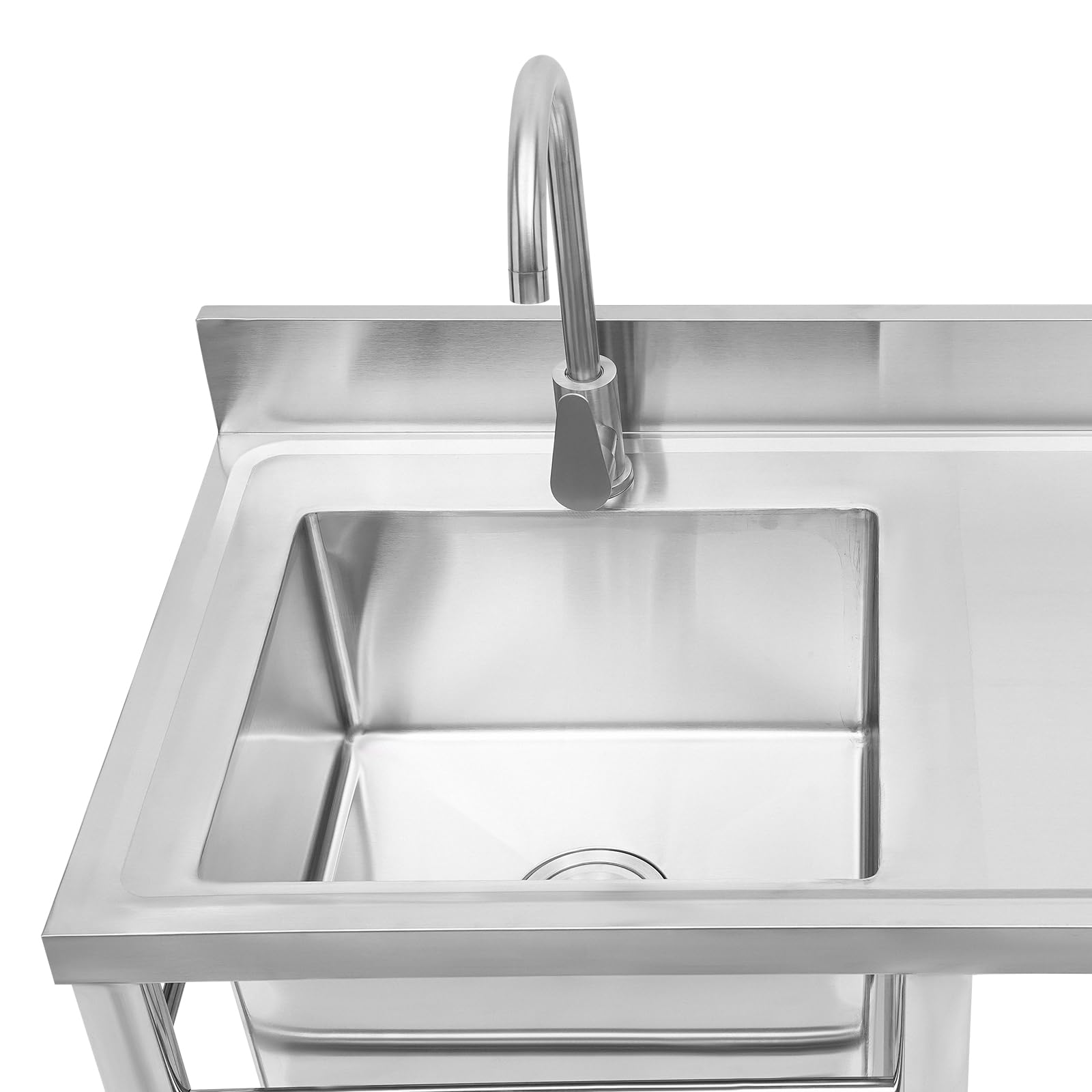 Free Standing Single Bowl Kitchen Sink, Stainless Steel Utility Sink with Drainboard, One Compartment Workbench Sink Commercial Sink for Restaurant, Laundry Room, Backyard, Garages