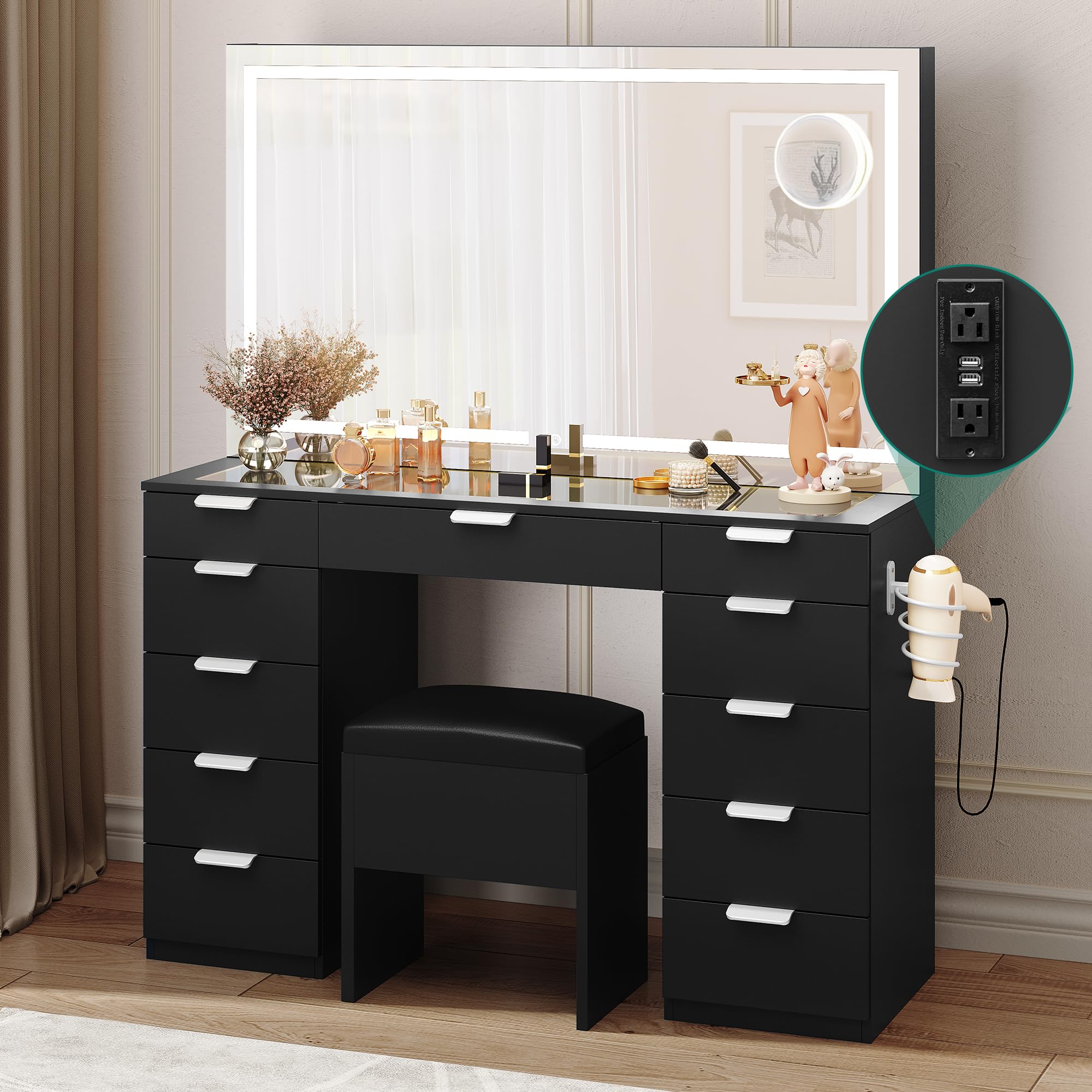 YITAHOME Vanity Desk Set with Large LED Lighted Mirror & Power Outlet, Glass Top Vanity with 11 Drawers and Magnifying Glass, 46'' Large Makeup Vanity with Storage Bench, Black Vanity for Bedroom