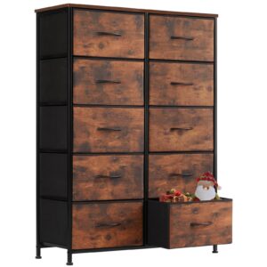 sweetcrispy dresser, tall dresser for bedroom, drawer dresser organizer storage drawers with 10 drawers, chest of drawers with fabric bin, steel frame, wood top for bedroom, closet, entryway