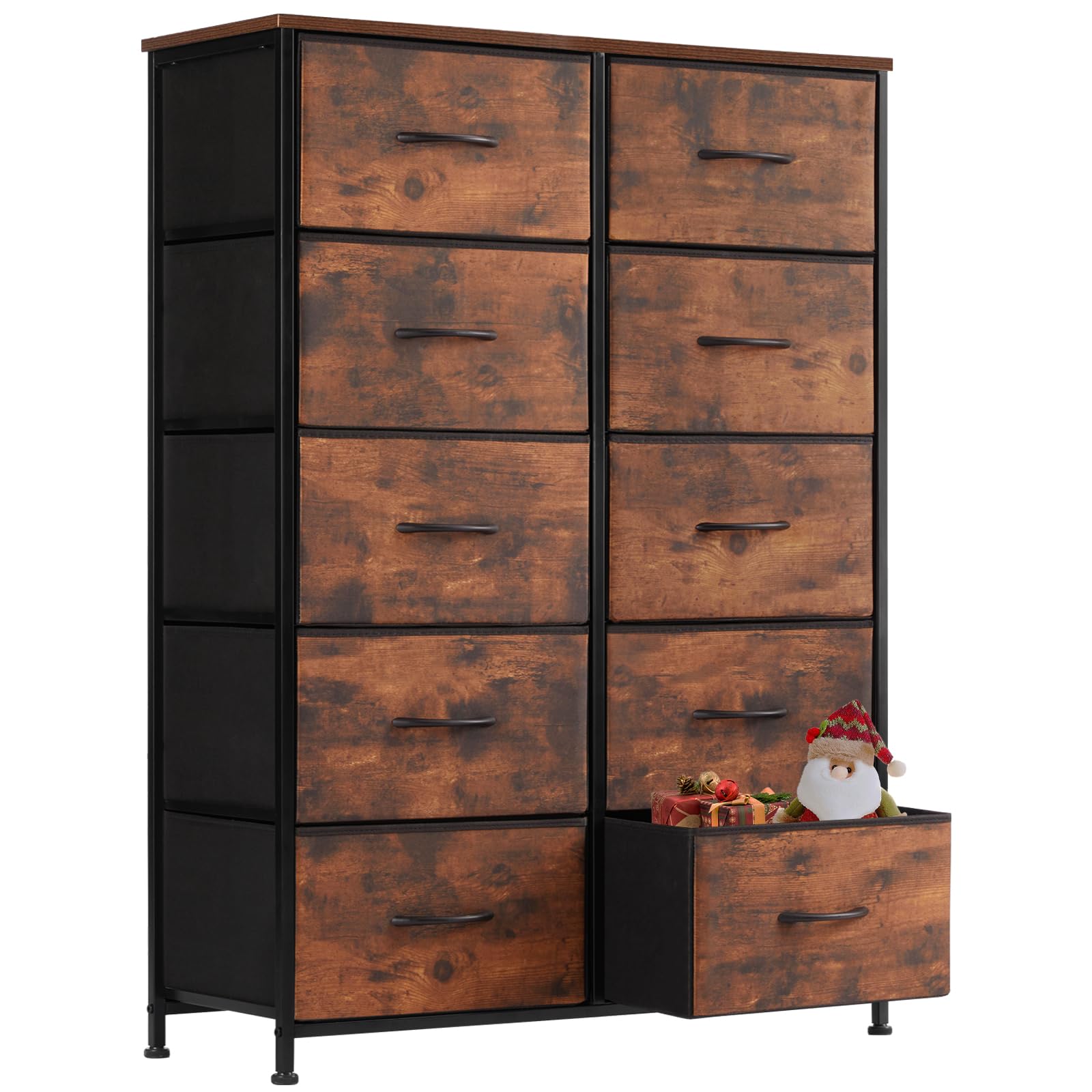 Sweetcrispy Dresser, Tall Dresser for Bedroom, Drawer Dresser Organizer Storage Drawers with 10 Drawers, Chest of Drawers with Fabric Bin, Steel Frame, Wood Top for Bedroom, Closet, Entryway