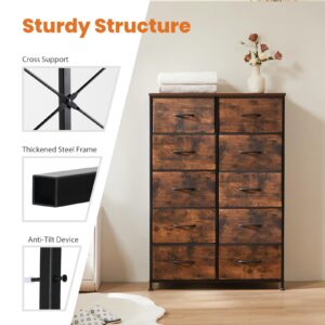 Sweetcrispy Dresser, Tall Dresser for Bedroom, Drawer Dresser Organizer Storage Drawers with 10 Drawers, Chest of Drawers with Fabric Bin, Steel Frame, Wood Top for Bedroom, Closet, Entryway