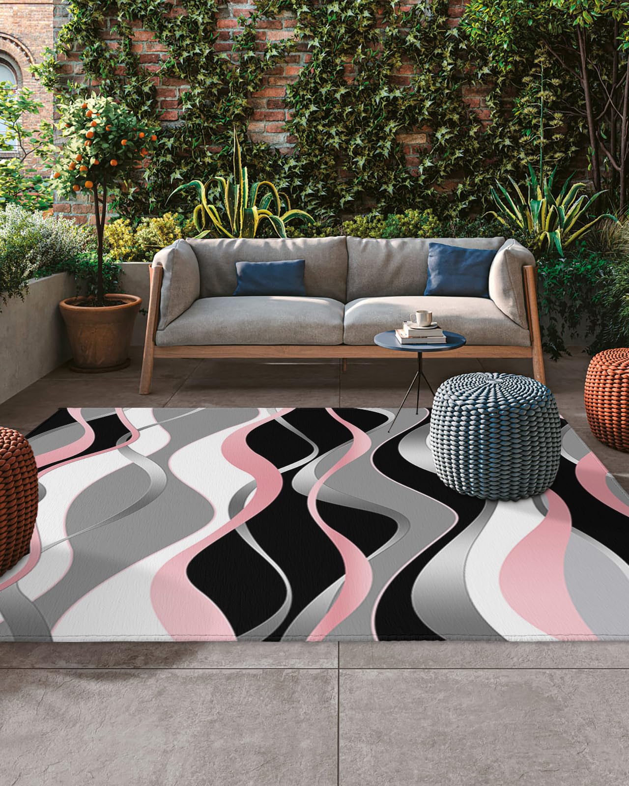 Pink Black Outdoor Rugs for 6'x9' Patios Clearance, RV Camping Mat Rug Portable Outside Rug Indoor Outdoor Area Rug Mat for Beach Deck Pool Geometric Contemporary Grey White Stripe