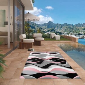 Pink Black Outdoor Rugs for 6'x9' Patios Clearance, RV Camping Mat Rug Portable Outside Rug Indoor Outdoor Area Rug Mat for Beach Deck Pool Geometric Contemporary Grey White Stripe