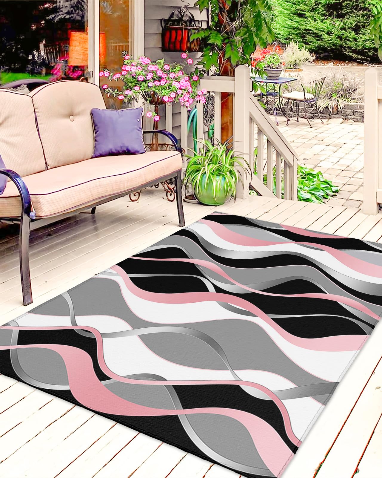 Pink Black Outdoor Rugs for 6'x9' Patios Clearance, RV Camping Mat Rug Portable Outside Rug Indoor Outdoor Area Rug Mat for Beach Deck Pool Geometric Contemporary Grey White Stripe