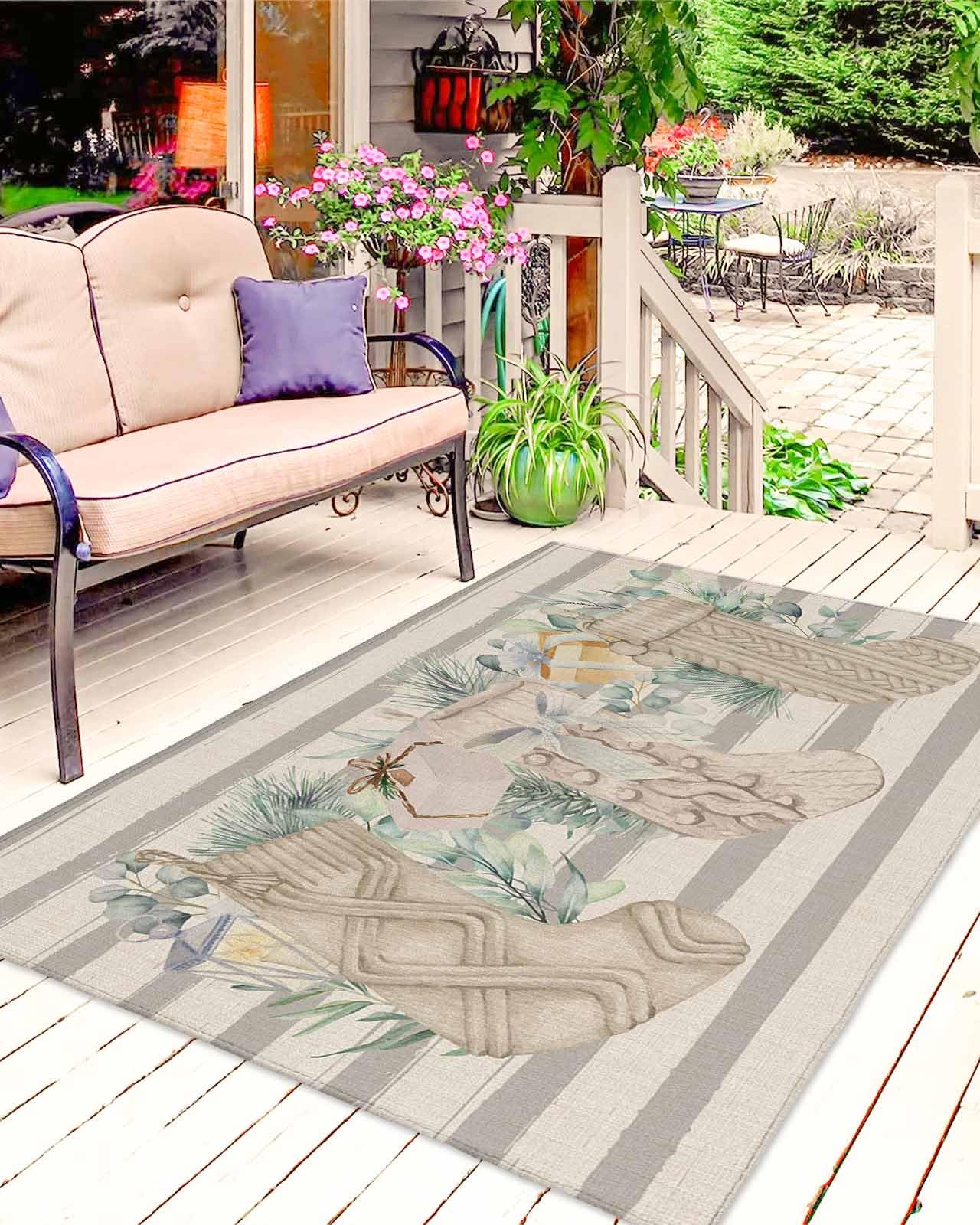 Christmas Stockings Outdoor Rugs for 5'x8' Patios Clearance, RV Camping Mat Rug Portable Outside Rug Indoor Outdoor Area Rug Mat for Beach Deck Pool Eucalyptus Leaves Rustic Stripes