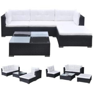 5 Piece Patio Lounge Set with Cushions Poly Rattan,Afternoon Tea Suit,Patio Bar Set,Pool Sofa Set,Lounge Seat,Garden Furniture,Entertainment Sofa Set,for Porch, Lawn, Garden, Backyard, Pool,Black