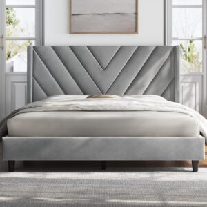 yaheetech queen bed frame upholstered platform bed with wing side/wooden slat support/tufted headboard with wing side/mattress foundation/no box spring needed,light gray queen bed