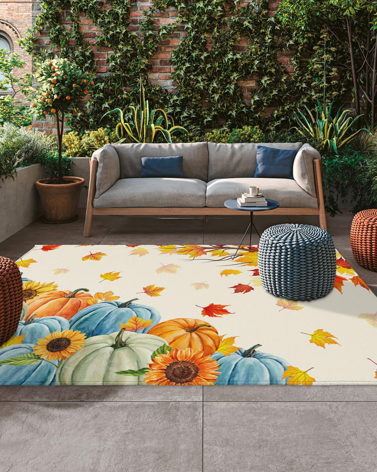 Thanksgiving Fall Outdoor Rugs for 5'x8' Patios Clearance, RV Camping Mat Rug Portable Outside Rug Indoor Outdoor Area Rug Mat for Beach Deck Pool Pumpkin Autumn Maple Leaves