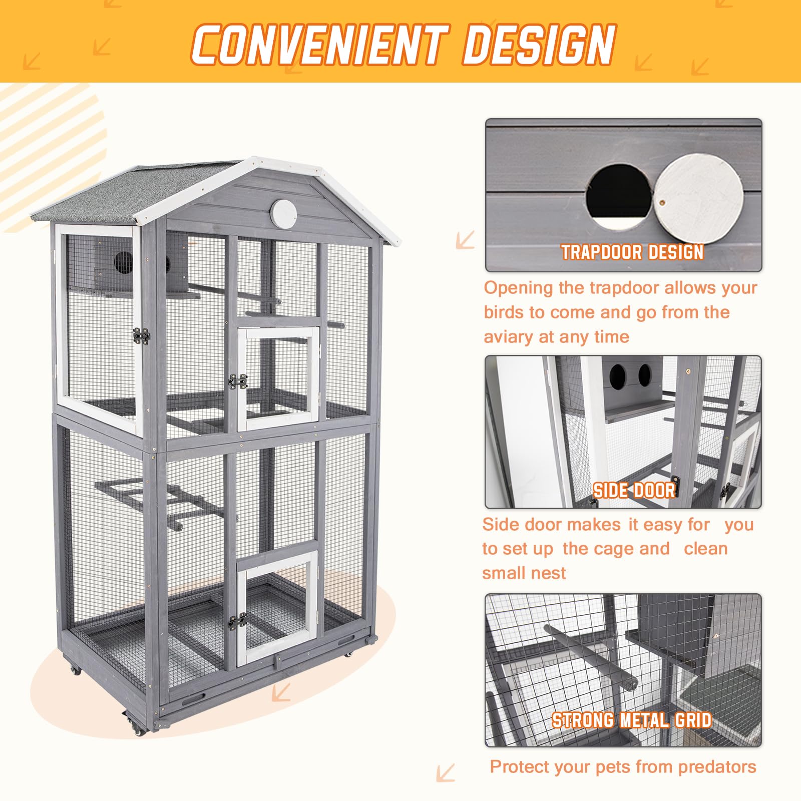 Ketive 65in Outdoor Bird Aviary with Wheels,Wooden Bird Cage Indoor Finches Cage Flight cage Wire Mesh,Easy Clean Tray Perches Nest Feeder