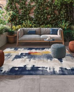 minimalist abstract outdoor rugs for 4'x6' patios clearance, rv camping mat rug portable outside rug indoor outdoor area rug mat for beach deck pool navy blue modern painting art