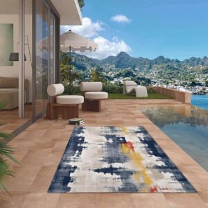 Minimalist Abstract Outdoor Rugs for 4'x6' Patios Clearance, RV Camping Mat Rug Portable Outside Rug Indoor Outdoor Area Rug Mat for Beach Deck Pool Navy Blue Modern Painting Art