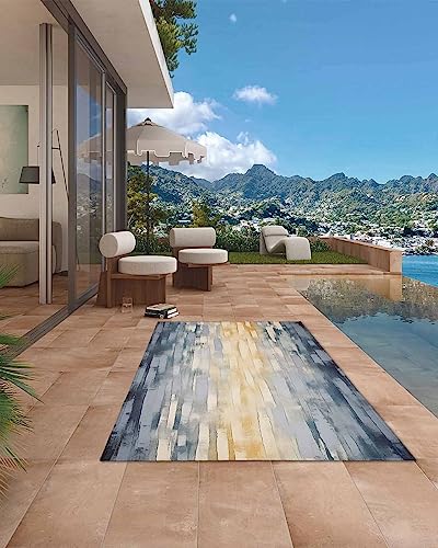 Yellow Painting Outdoor Rugs for 4'x6' Patios Clearance, RV Camping Mat Rug Portable Outside Rug Indoor Outdoor Area Rug Mat for Beach Deck Pool Contemporary Abstract Navy Blue Art