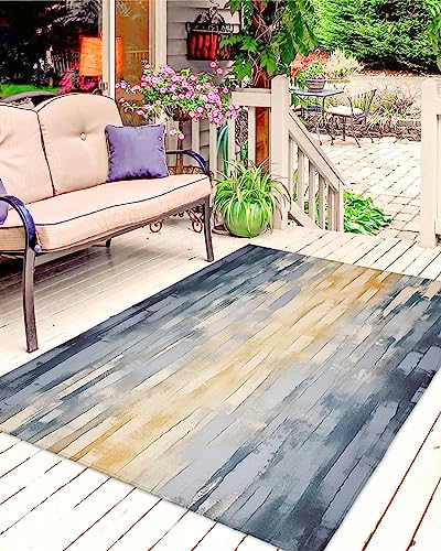 Yellow Painting Outdoor Rugs for 4'x6' Patios Clearance, RV Camping Mat Rug Portable Outside Rug Indoor Outdoor Area Rug Mat for Beach Deck Pool Contemporary Abstract Navy Blue Art