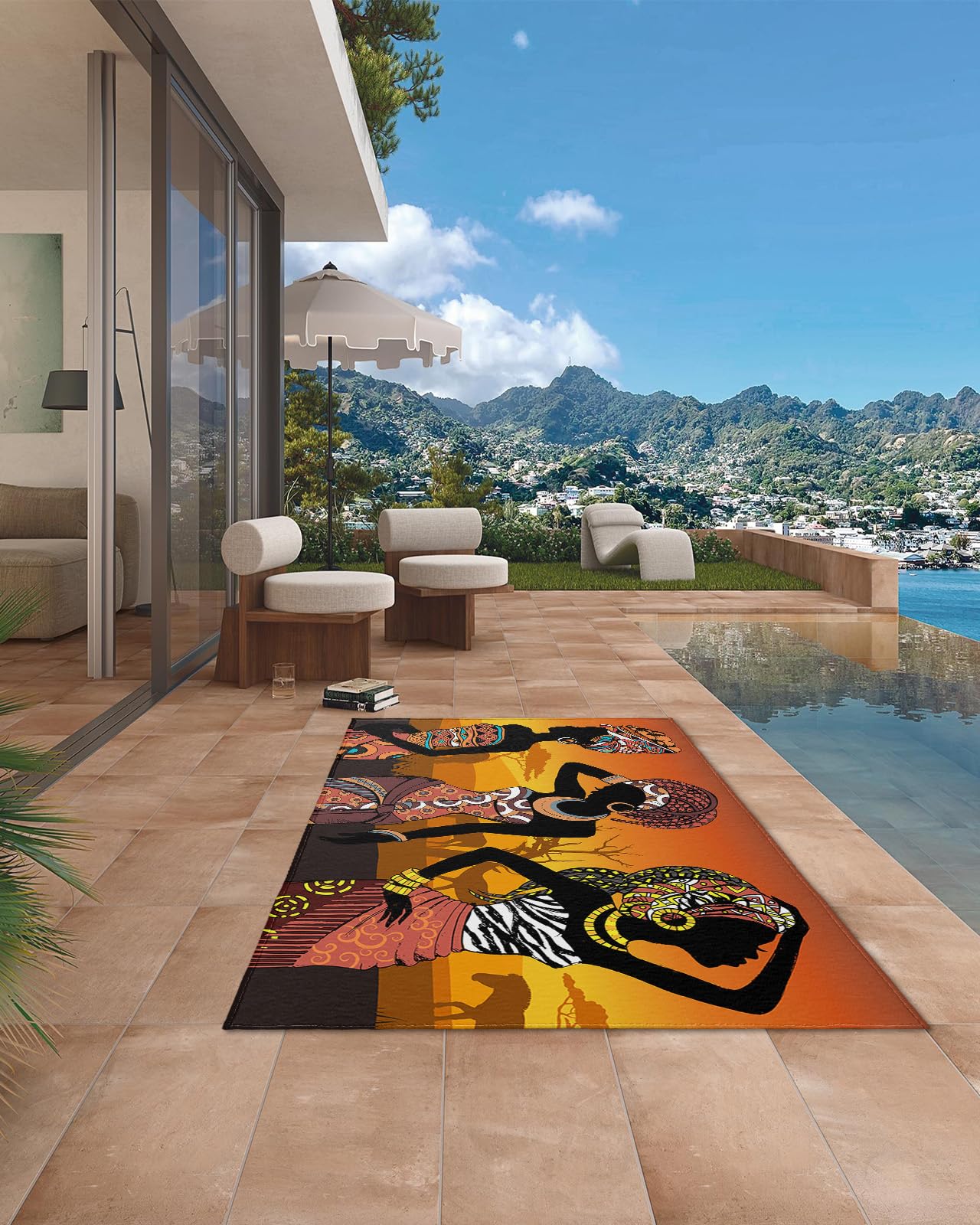 Bohemia African Women Outdoor Rugs for 4'x6' Patios Clearance, RV Camping Mat Rug Portable Outside Rug Indoor Outdoor Area Rug Mat for Beach Deck Pool Native American Indian Ethnic Tribal Boho