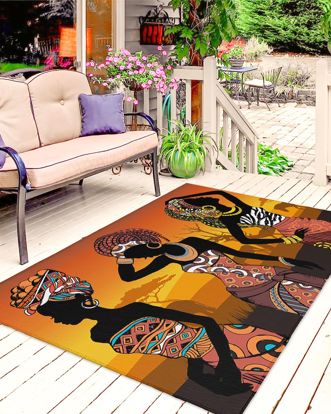 Bohemia African Women Outdoor Rugs for 4'x6' Patios Clearance, RV Camping Mat Rug Portable Outside Rug Indoor Outdoor Area Rug Mat for Beach Deck Pool Native American Indian Ethnic Tribal Boho