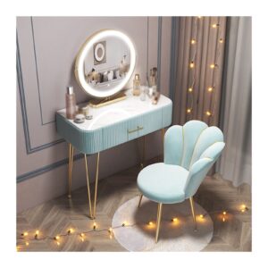 Vanity Desk Wood Dressing Table Bedroom Simple Dressing Table Dressing Table Glass Table Backrest Makeup Chair Smart Makeup Mirror Dressing Table Bedroom Dressing Table (Color : Blue, Size : 80cm)