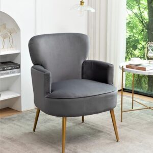 Container Furniture Direct Trendy Velvet Accent Chair with Gold Metal Legs, Upholstered Armchair for Small to Mid-Size Spaces, Modern Living Room, Bedroom, Vanity Desk and Entryway, Medium, Grey