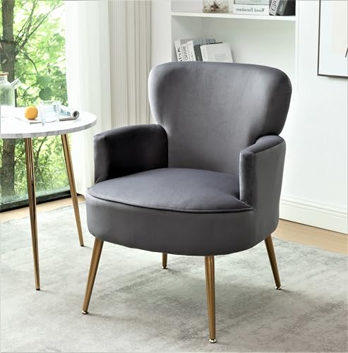 Container Furniture Direct Trendy Velvet Accent Chair with Gold Metal Legs, Upholstered Armchair for Small to Mid-Size Spaces, Modern Living Room, Bedroom, Vanity Desk and Entryway, Medium, Grey