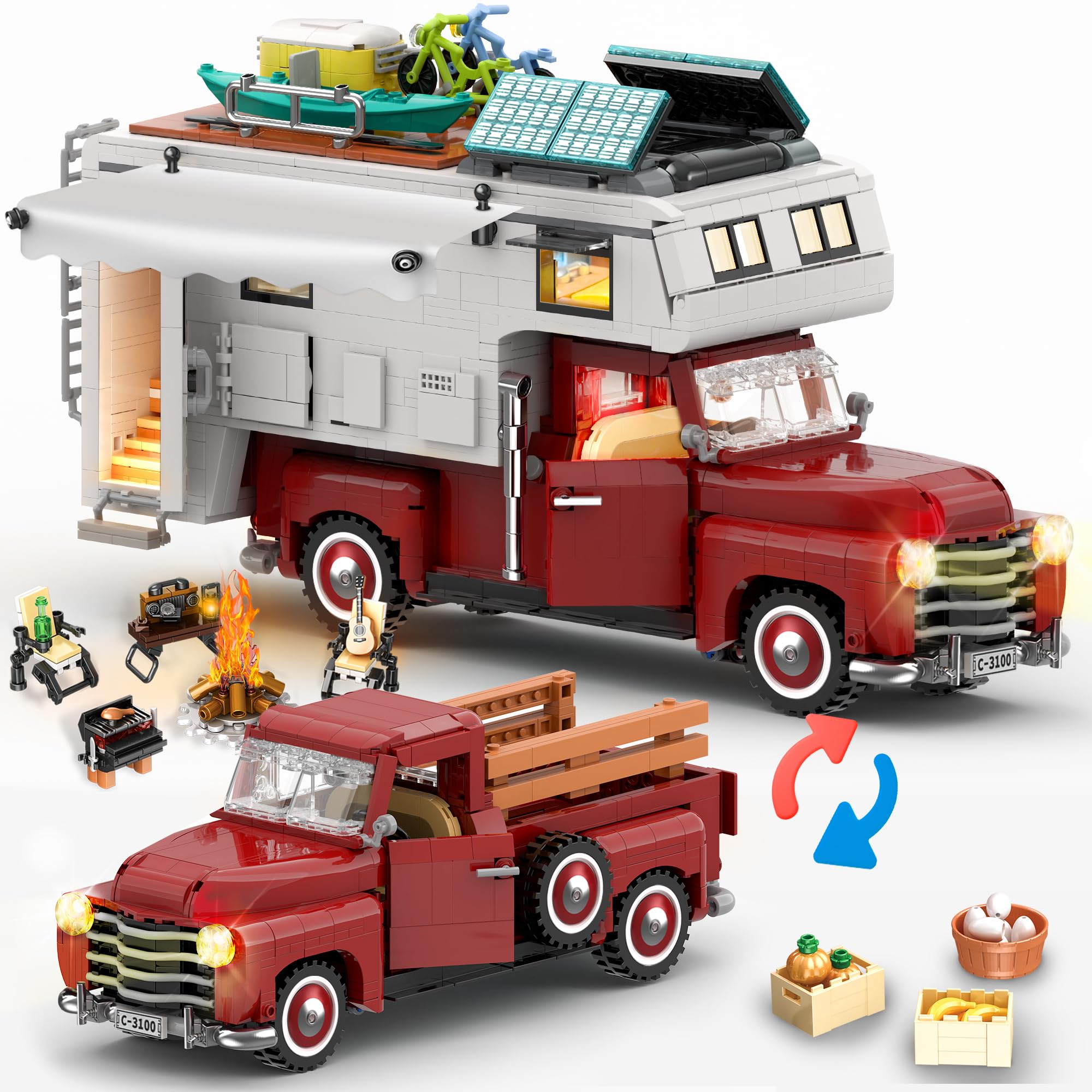 FliCineCrt Car Building Block, 2-in-1 Camper Van Building and Farm Pickup Truck Building Set Toy forAdult and Teens, Retro Rvs Building Block Kit Set, 2188pcs