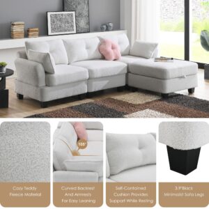 92" L-Shaped Corner Sectional Sofa Couch Teddy Upholstered Sofa&Couch with Storage Ottoman and USB & Type-C Charging Ports for Home Office Apartment Living Room Furniture Sets, 3 Pillows includeed