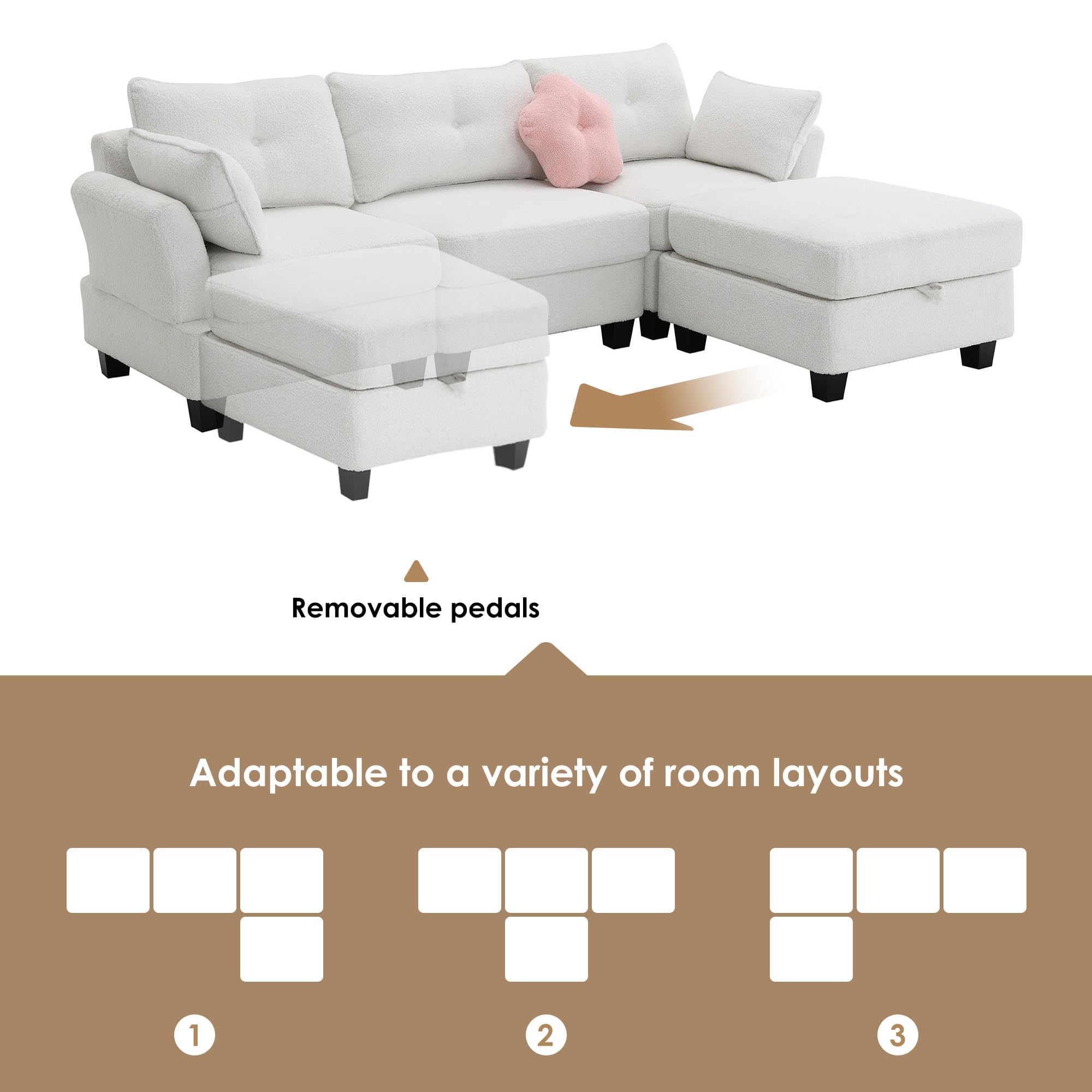 92" L-Shaped Corner Sectional Sofa Couch Teddy Upholstered Sofa&Couch with Storage Ottoman and USB & Type-C Charging Ports for Home Office Apartment Living Room Furniture Sets, 3 Pillows includeed