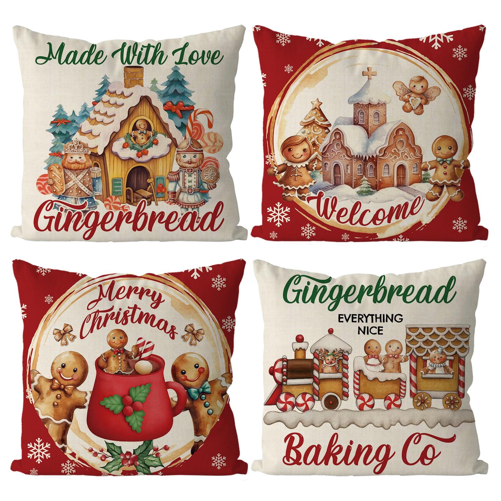 GAGEC Christmas Pillow Covers 20x20 Inch Vintage Gingerbread Red Throw Pillow Covers Christmas Xmas Winter Pillowcase Home Decor Living Room House Decorative Cushion Case for Sofa Couch