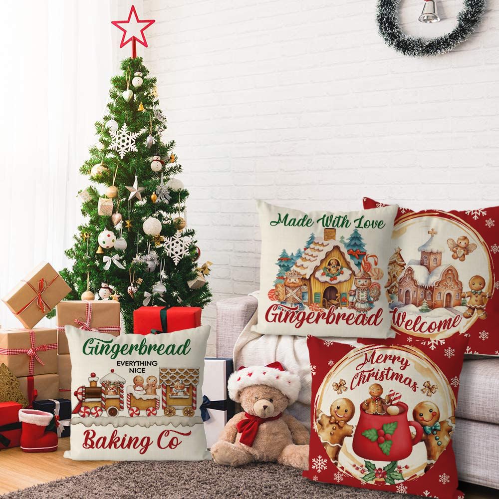 GAGEC Christmas Pillow Covers 20x20 Inch Vintage Gingerbread Red Throw Pillow Covers Christmas Xmas Winter Pillowcase Home Decor Living Room House Decorative Cushion Case for Sofa Couch