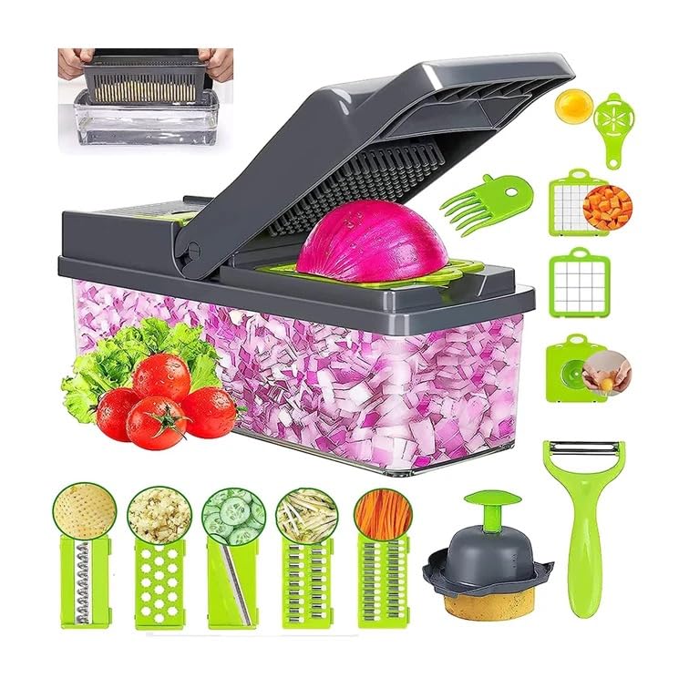 Vegetable Chopper, 14 in 1 Multi-functional Mandoline Pro Slicer/Grater with Container