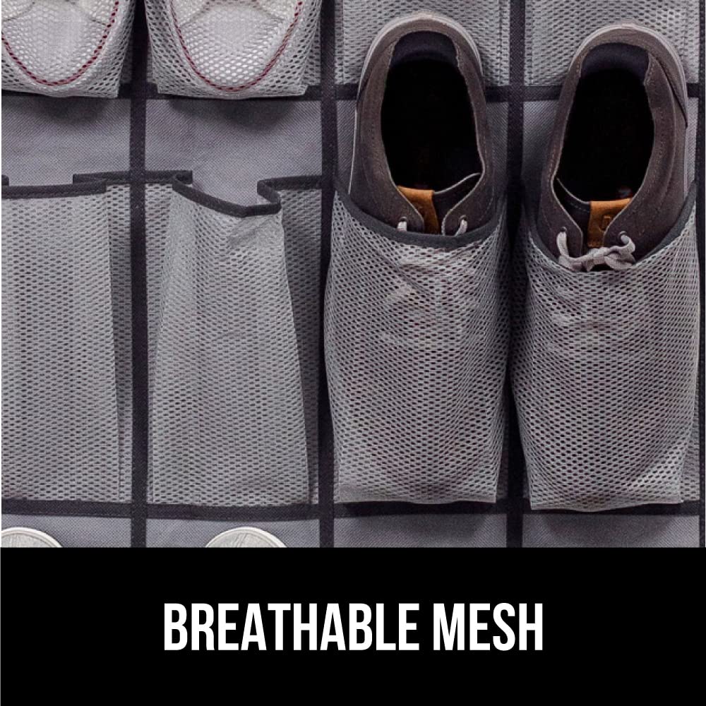 Gorilla Grip Breathable Mesh Large 24 Pocket Shoe Organizer and Nonslip Bed Sheet Straps 4 Pack, Holds Up To 40 Pounds Gray, Over Door, Sheet Straps in White, Easy Install, 2 Item Bundle