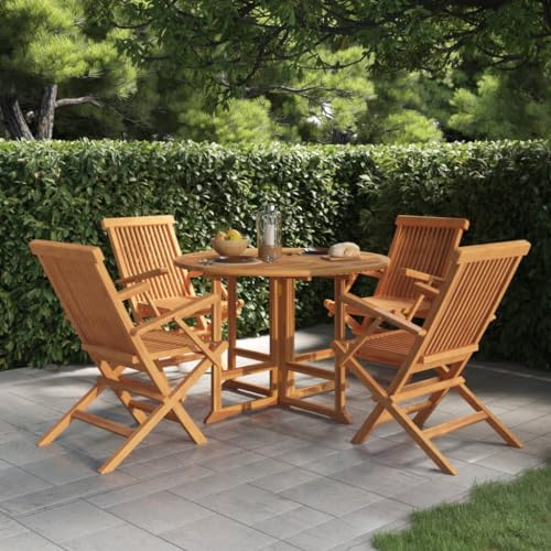 vidaXL 5 Piece Folding Patio Dining Set in Solid Teak Wood - Round Table, 4 Chairs, Outdoor Al Fresco Dining, Garden Patio Furniture, Portable and Foldable Design, Sturdy Wooden Frame