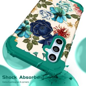 Hocase for Galaxy S23 FE Case, Heavy Duty Shockproof Protection Soft Silicone Rubber+Hard Plastic Bumper Hybrid Protective Case for Samsung Galaxy S23 FE 5G (6.4") 2023 - Teal Flowers