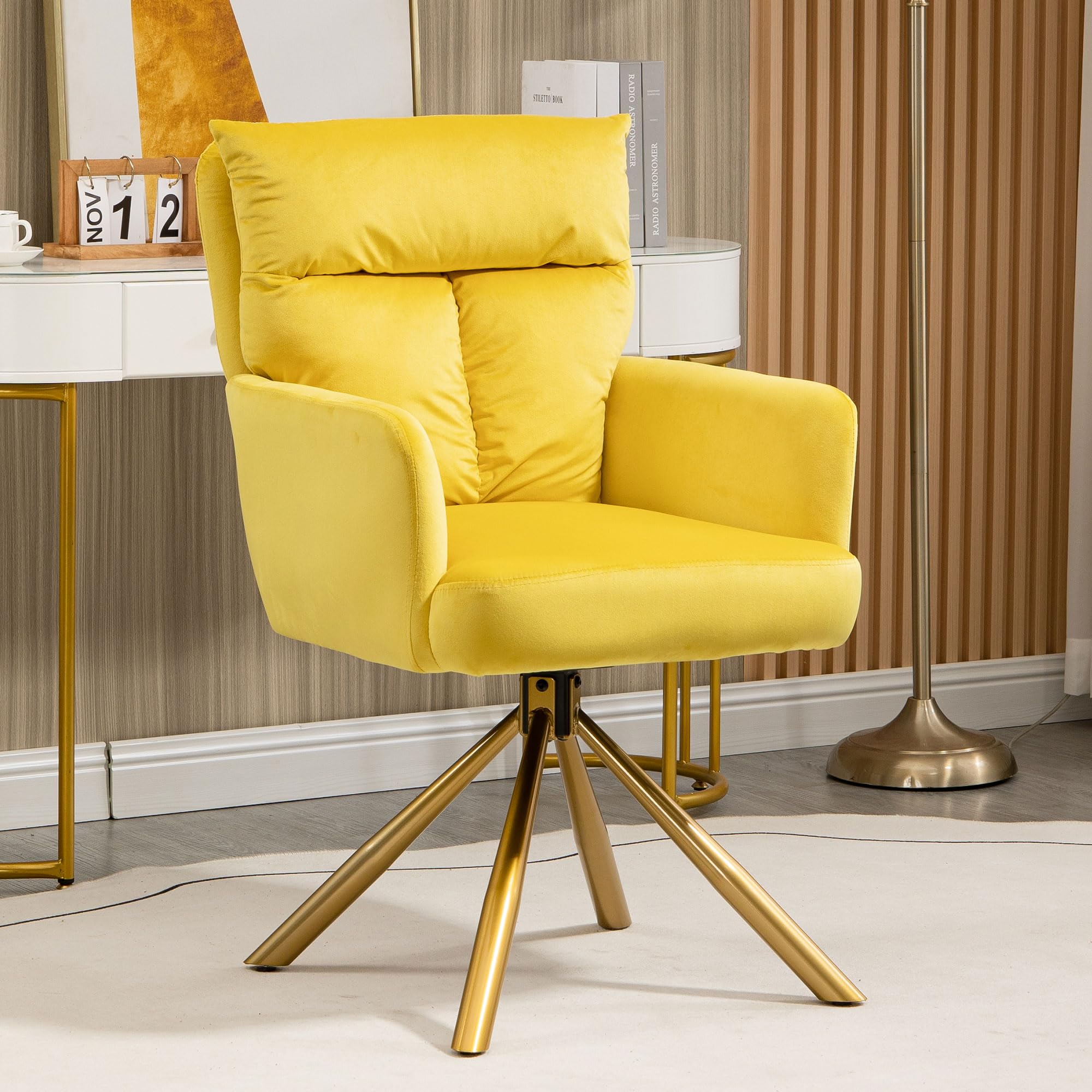 somedream Modern Swivel Accent Chair with Arm Rests, Office Velvet Desk Chair with Cosy Thick Padded Back Cushion, Resting Chair without Wheels for Bedroom Living Room Indoor, Yellow