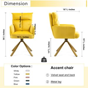 somedream Modern Swivel Accent Chair with Arm Rests, Office Velvet Desk Chair with Cosy Thick Padded Back Cushion, Resting Chair without Wheels for Bedroom Living Room Indoor, Yellow