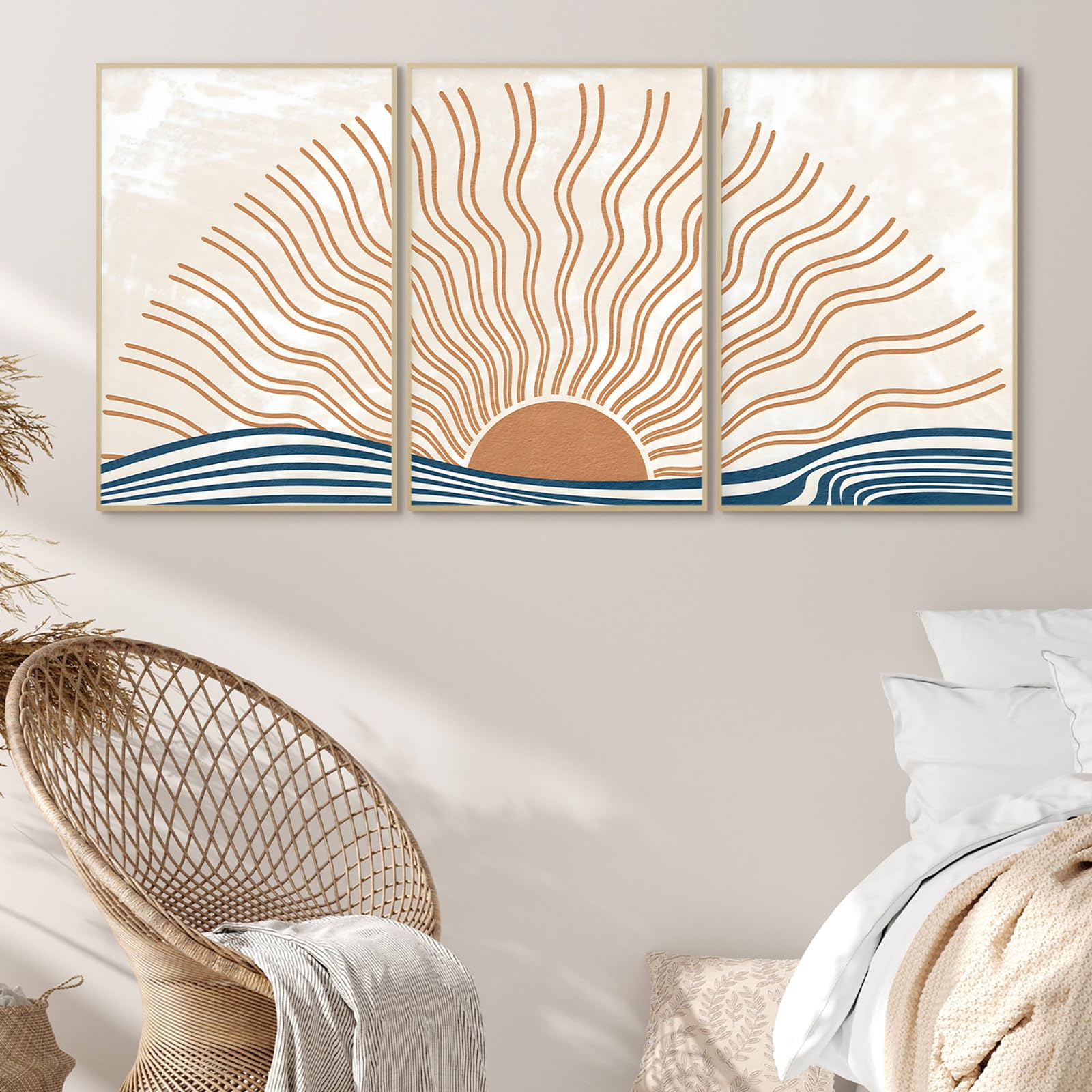 Abstract Boho Sun Wall Art Mid Century Sun Print Boho Sunrise Picture Wall Decor Minimalist Sun Wall Art Boho Sunset Print Abstract Sun Painting Mid Century Sun Poster Living Room 16x24inx3 No Frame