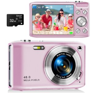 digital camera, fhd 4k point and shoot camera with 2.88' ips screen, 48mp 4k video, 16x zoom, macro mode, flash - compact beginner camera for teens, pink