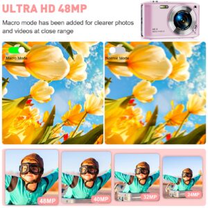 Digital Camera, FHD 4K Point and Shoot Camera with 2.88' IPS Screen, 48MP 4K Video, 16X Zoom, Macro Mode, Flash - Compact Beginner Camera for Teens, Pink