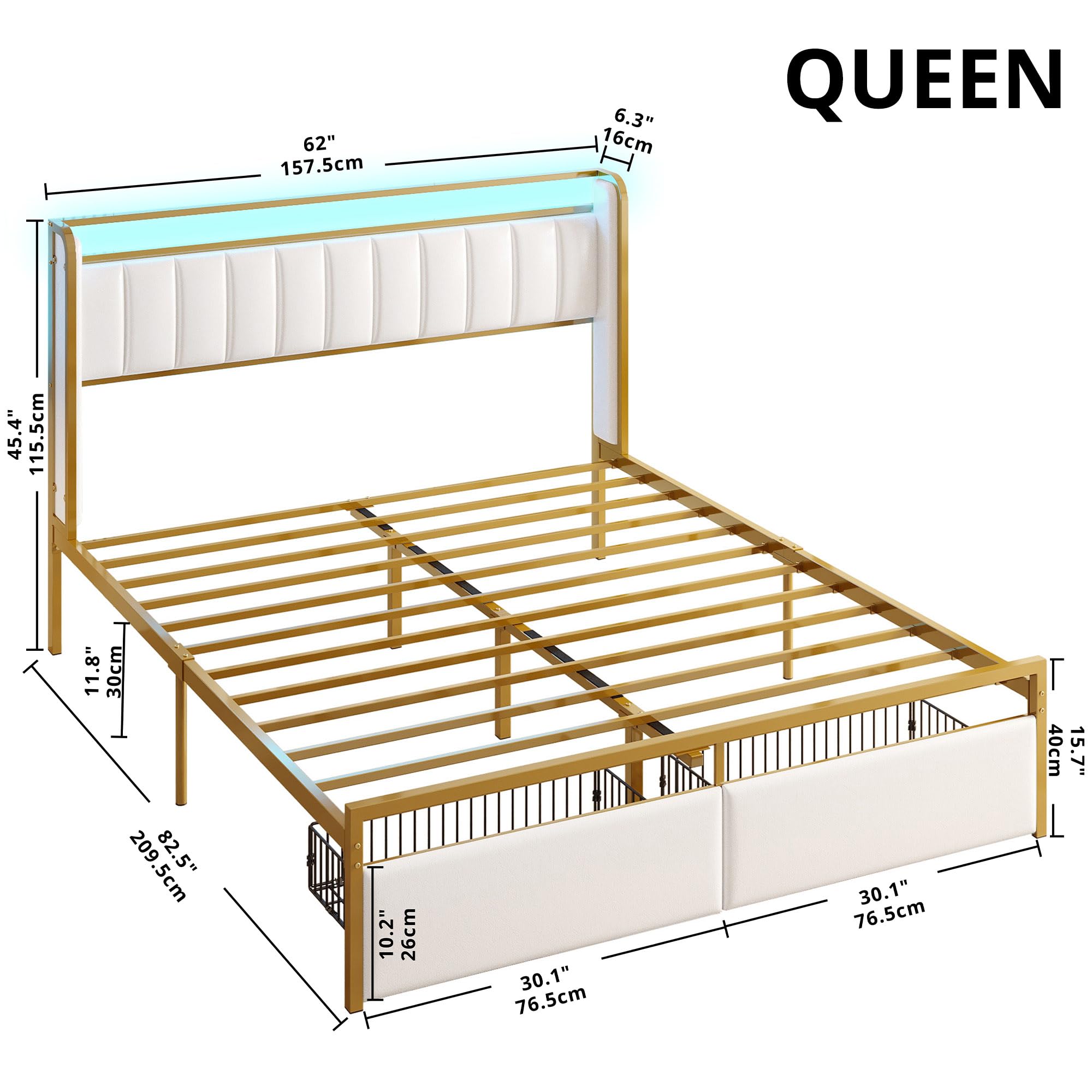 LIKIMIO Queen Bed Frame with Armrests Headboard & RGB Light, Upholstered Queen Size Bed Platform with Drawers, No Box Spring Needed, Study & No Noise, Modern Gold and White