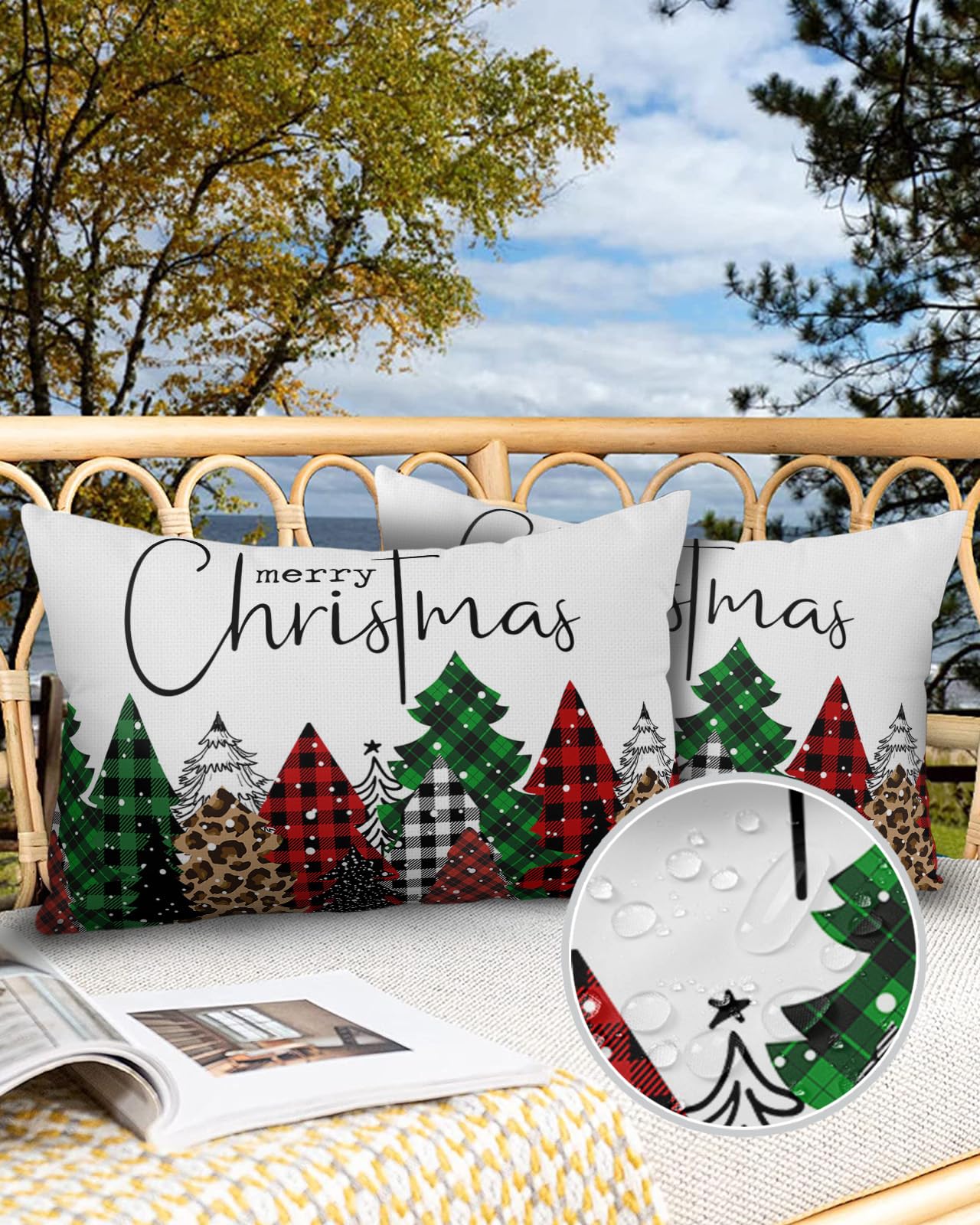 Edwiinsa Outdoor Pillow Covers Waterproof, Christmas All Weather Cushion Case Set of 2, Xmas Tree Leopard Check Winter Snowflake Lumbar Pillowcase for Sofa Couch Bed Decor Patio Furniture 20"x12"