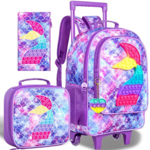 ccjpx 3pcs mermiad rolling backpack for girls, kids roller wheeled bookbag toddler elementary school bag with wheels - purple