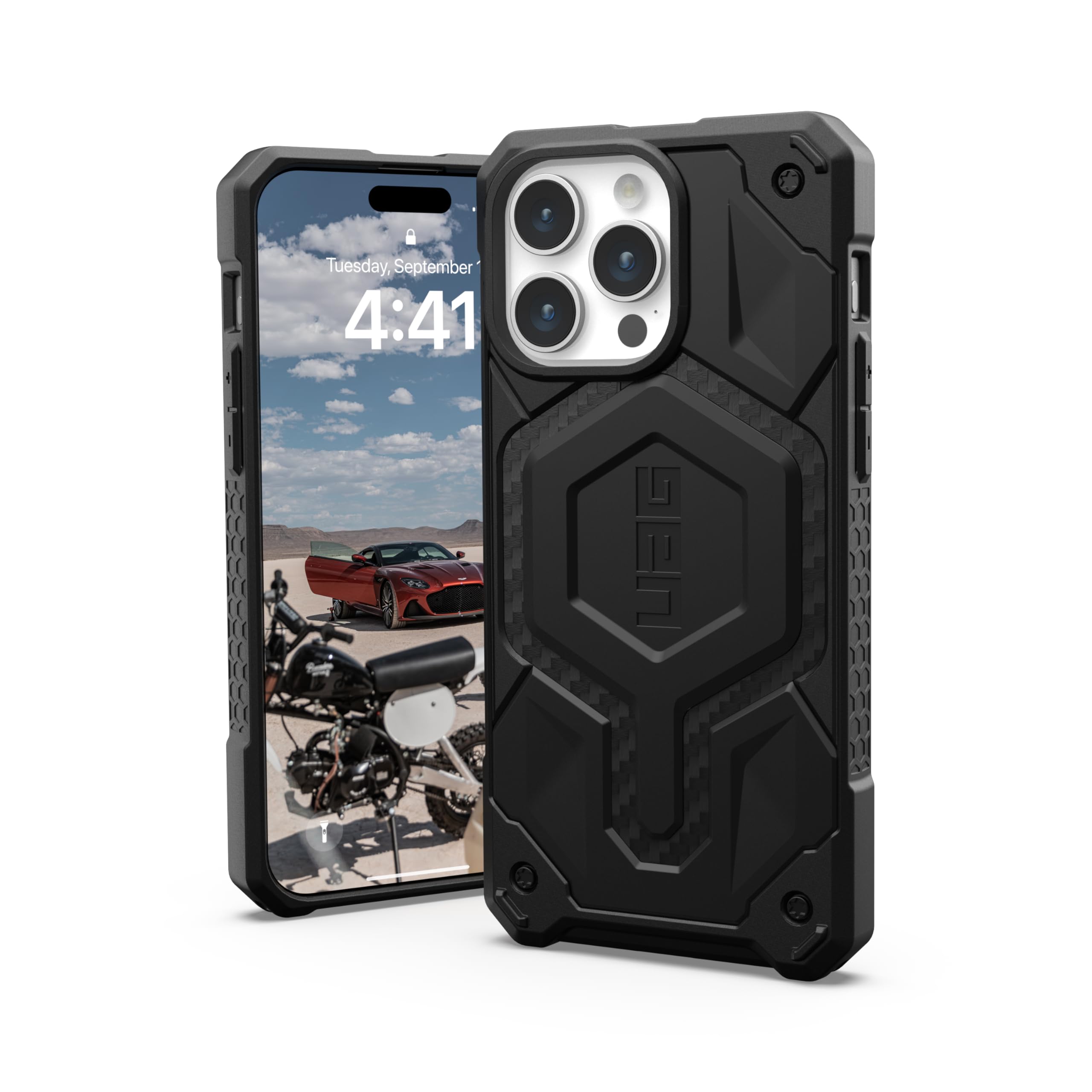 URBAN ARMOR GEAR UAG Designed for iPhone 15 Pro Max Case Monarch Pro Carbon Fiber 6.7" Compatible with MagSafe Bundle with U by UAG Magnetic Wireless Portable Charger 18W Power Bank Black