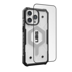 URBAN ARMOR GEAR UAG Designed for iPhone 15 Pro Max Case 6.7" Pathfinder Clear Ice/Silver Compatible with MagSafe Bundle with UAG Screen Protector Glass Shield Plus 6.7"