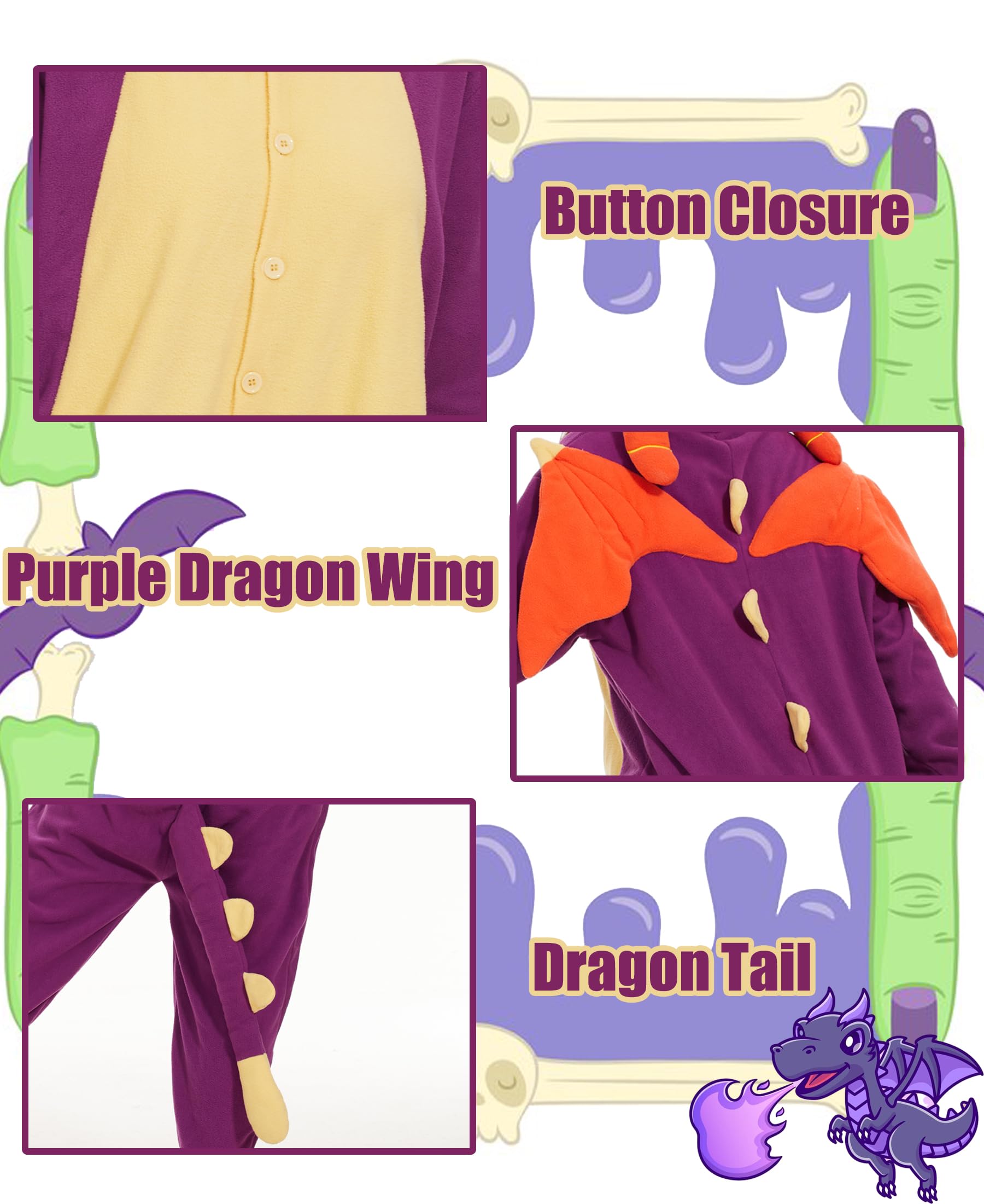 Oiziuzio Adult Dragon Onesie Animal Pajamas Halloween Dragon Cosplay Costume for Women Men, Purple L