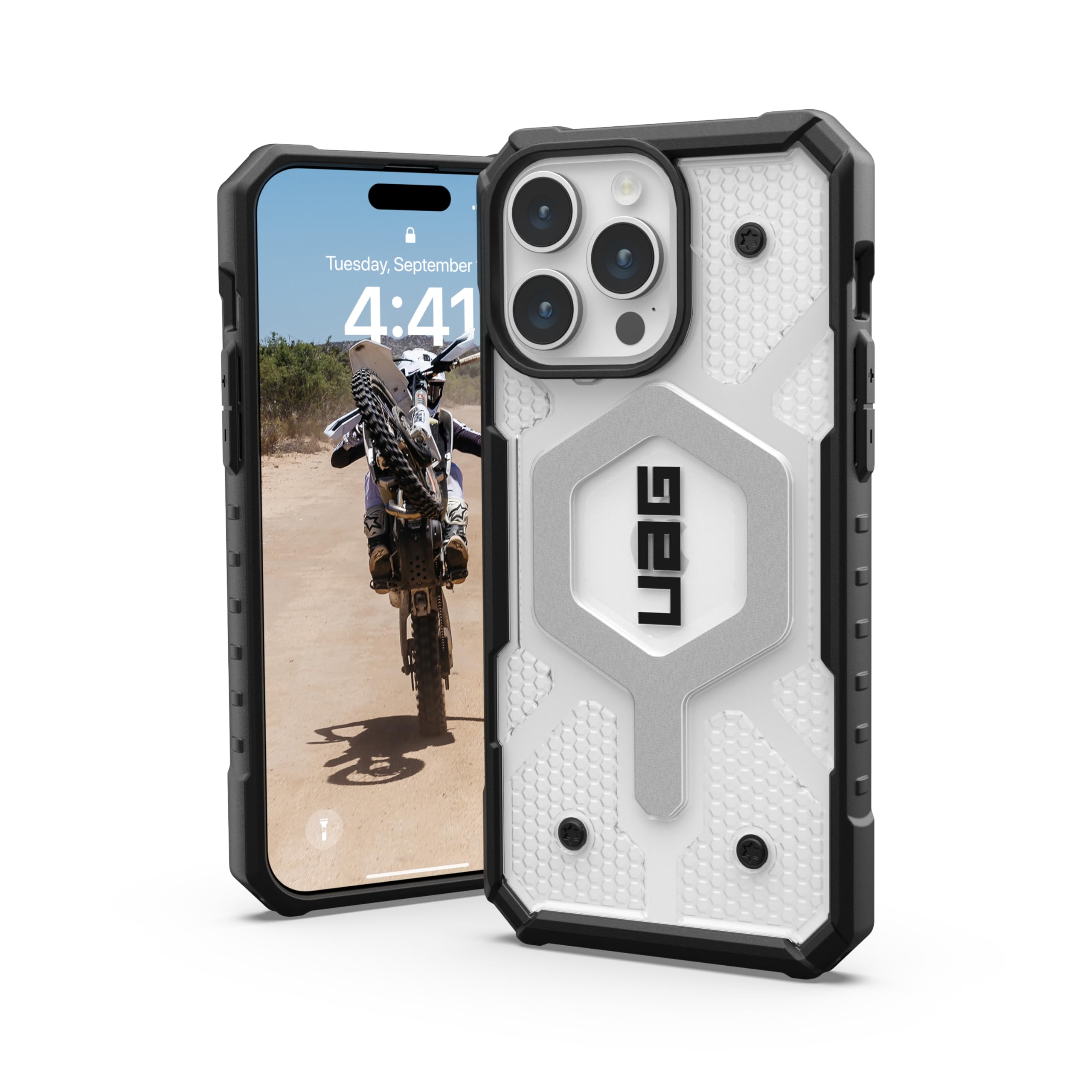 URBAN ARMOR GEAR UAG Designed for iPhone 15 Pro Max Case Pathfinder Clear Ice/Silver 6.7" Bundle with UAG Civilian Phone Lanyard Adjustable Wrist Strap Graphite/Black