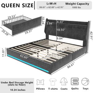 Loomie Queen Bed Frame with 4 Storage Drawers & Charging Station, Upholstered Platform Bed with Button Tufted Wingback Storage Headboard,LED Footboard,No Box Spring Needed,Wood Slats Support,Dark Grey